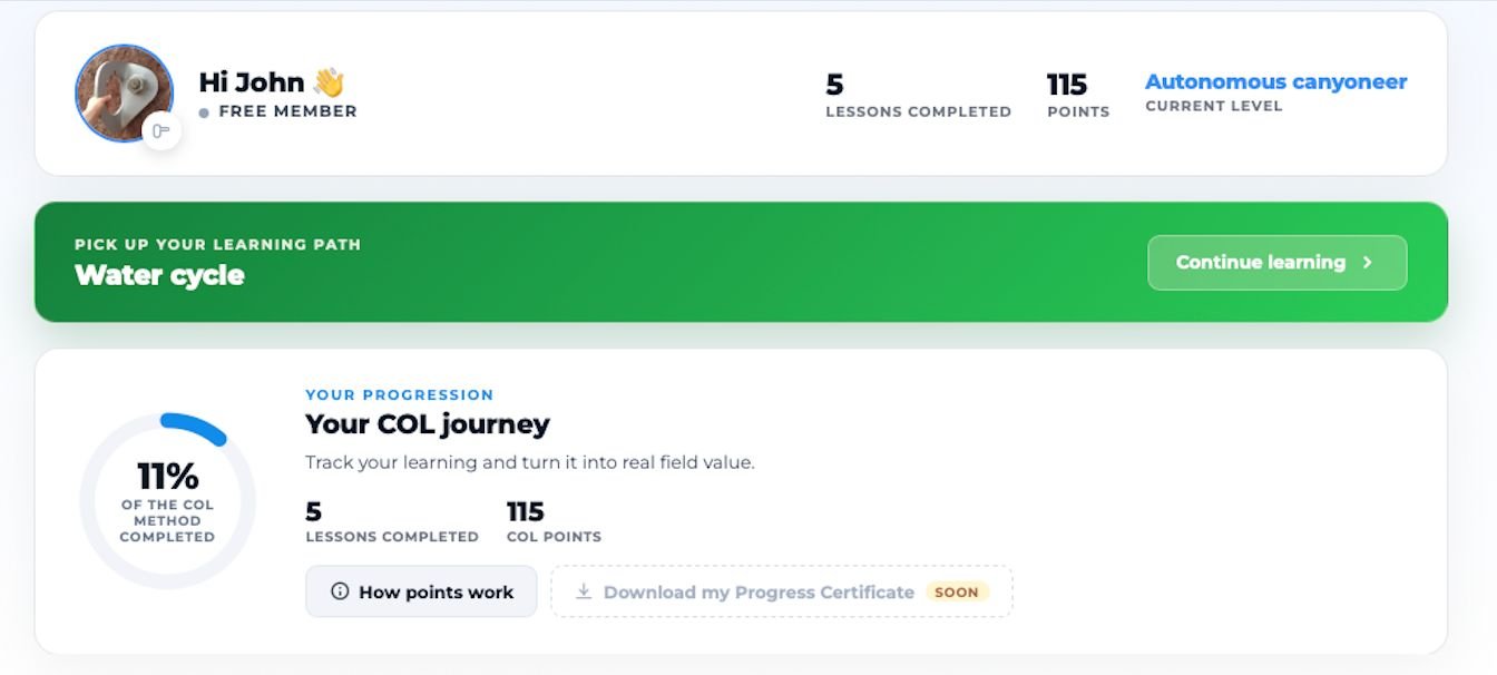 Preview of the COL member space: header, continue-learning CTA and progression map